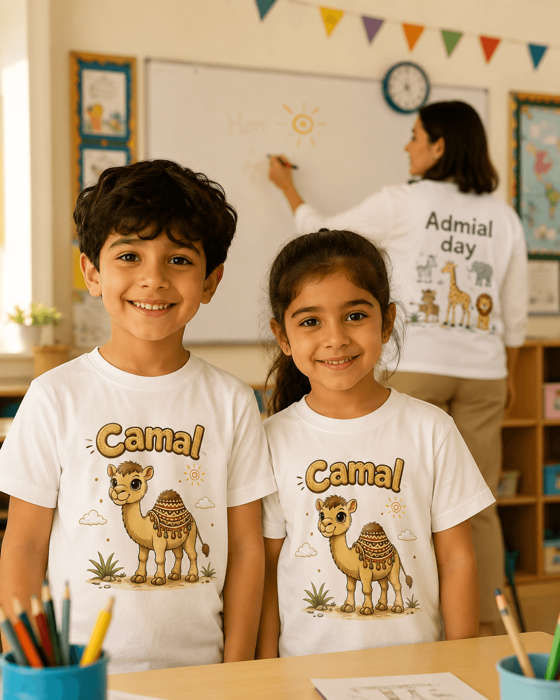Camel kids tee — model wearing Cozi Mozi UAE