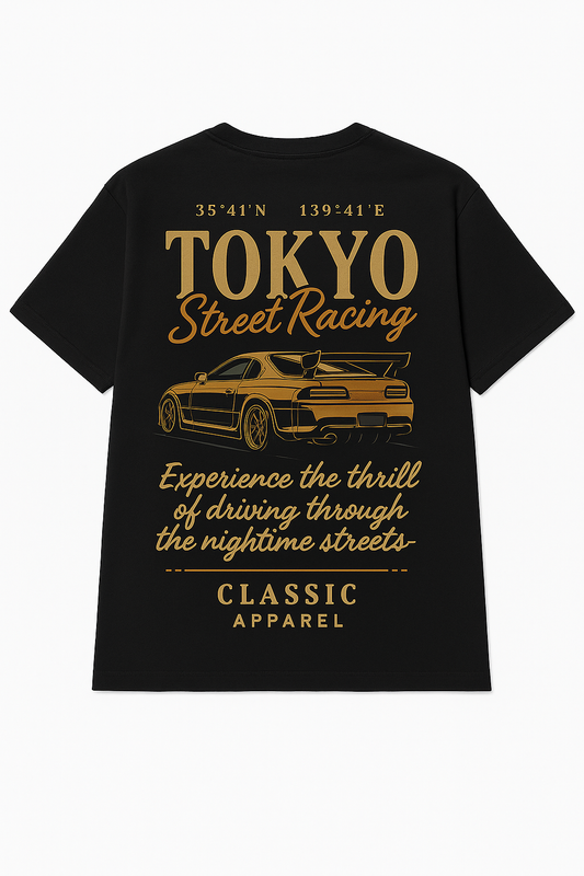 Tokyo Street Racing Moto graphic tee — model wearing Cozi Mozi UAE