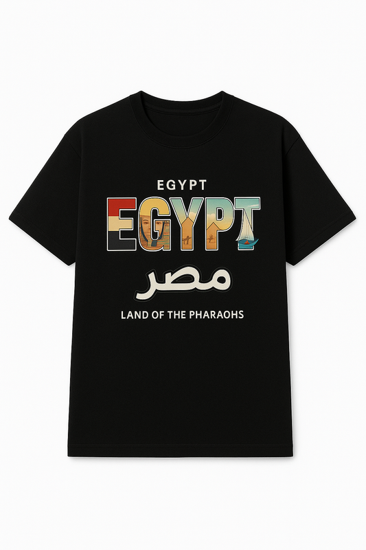 Egypt Pharaoh Vibes graphic tee — model wearing Cozi Mozi UAE