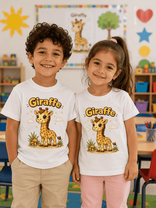 Giraffe kids tee — model wearing Cozi Mozi UAE