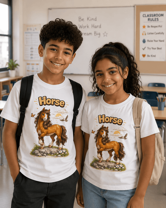 Horse kids tee — model wearing Cozi Mozi UAE