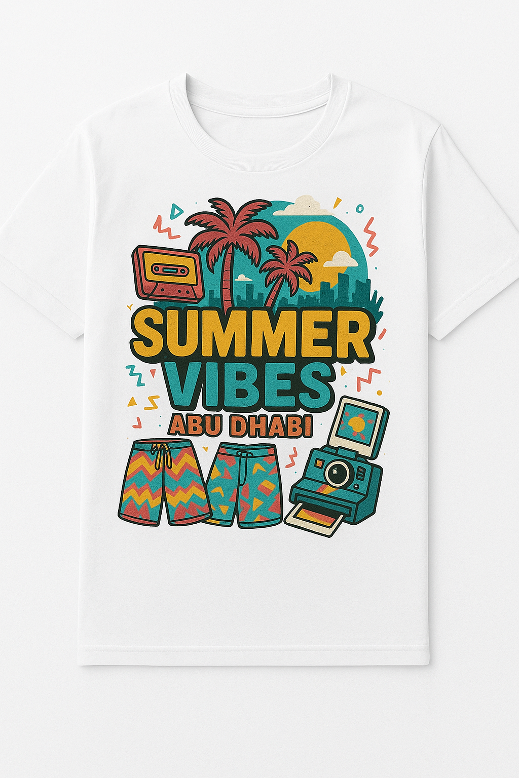 Summer Vibes Abu Dhabi tee — model wearing Cozi Mozi UAE