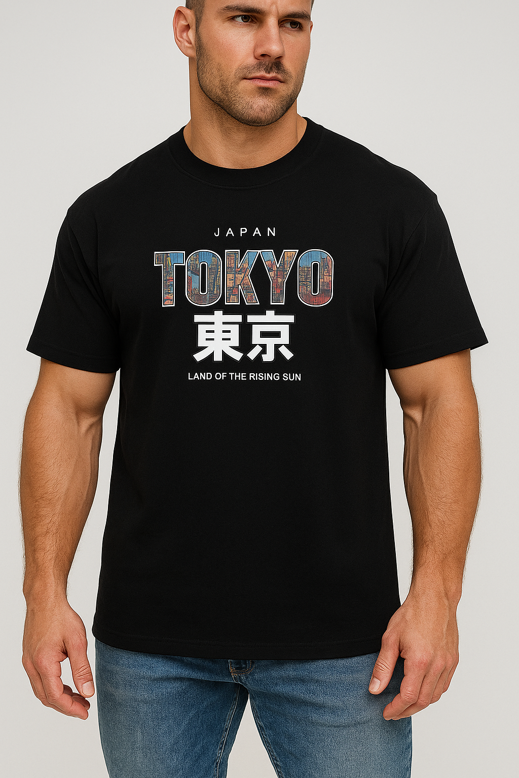 Tokyo Land Japanese street graphic tee — model wearing Cozi Mozi UAE