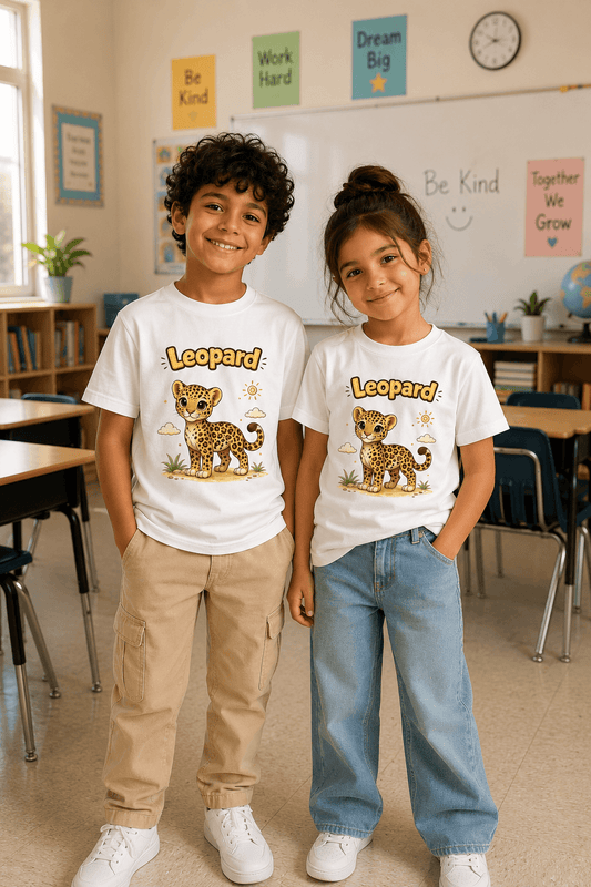 Leopard kids tee — model wearing Cozi Mozi UAE