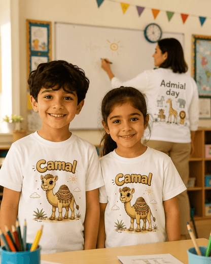 Camel kids tee — model wearing Cozi Mozi UAE