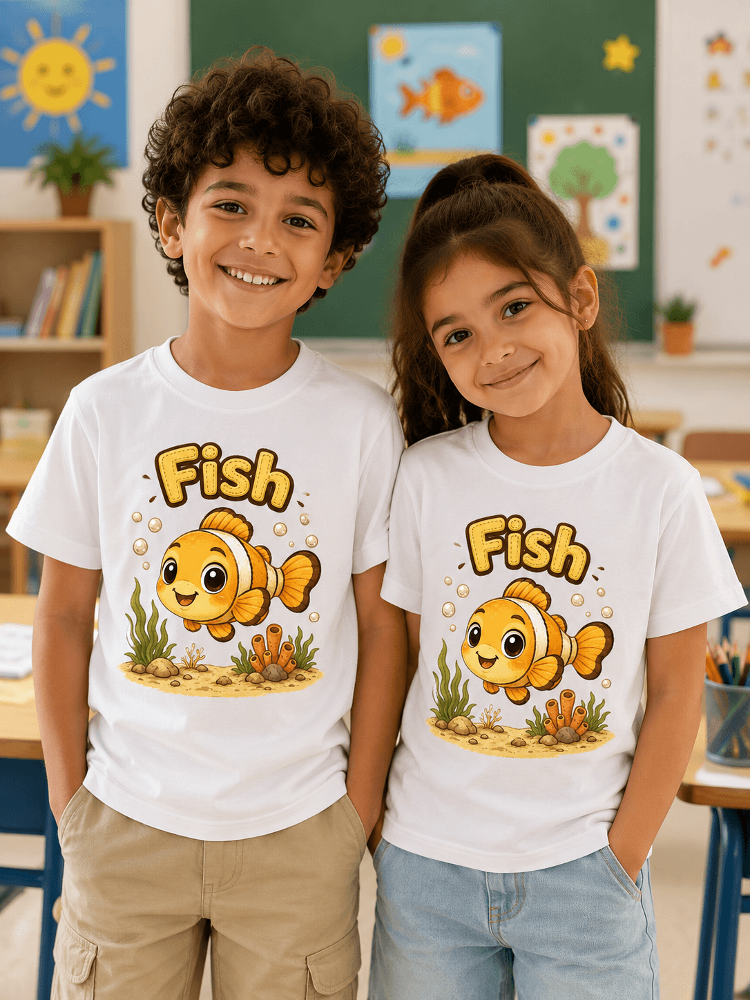 Fish kids tee — model wearing Cozi Mozi UAE