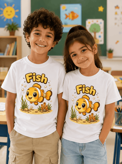 Fish kids tee — model wearing Cozi Mozi UAE