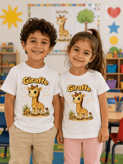 Giraffe kids tee — model wearing Cozi Mozi UAE