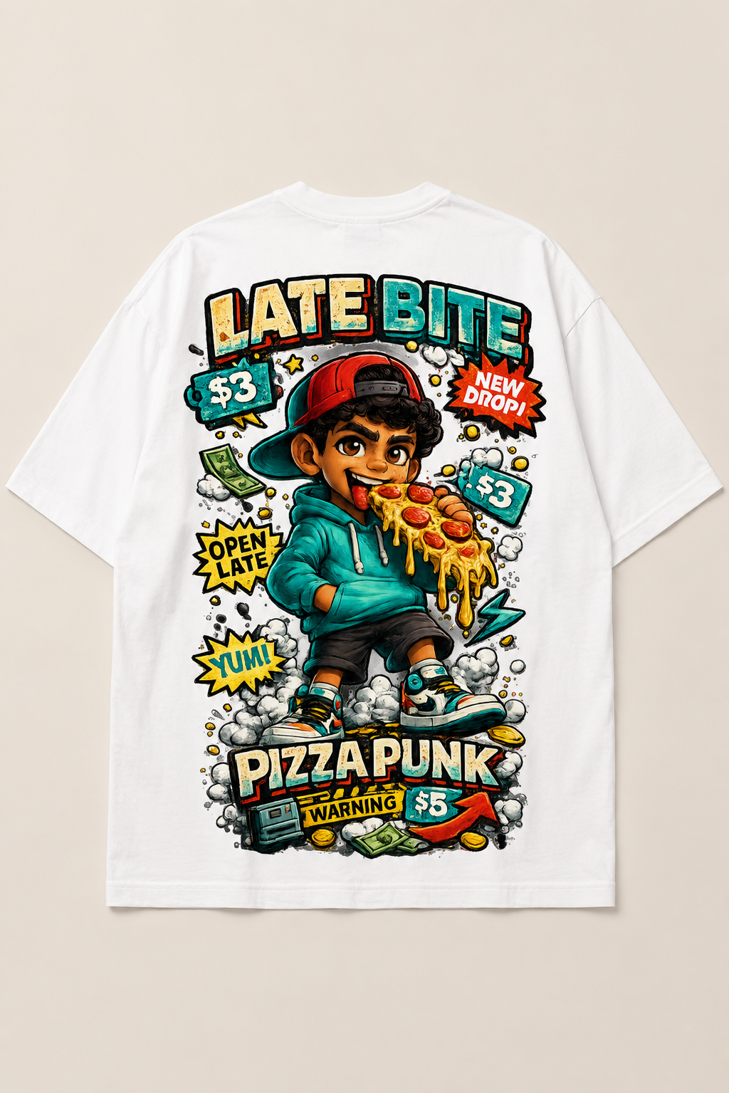 Pizza Punk streetwear graphic tee — model wearing Cozi Mozi UAE