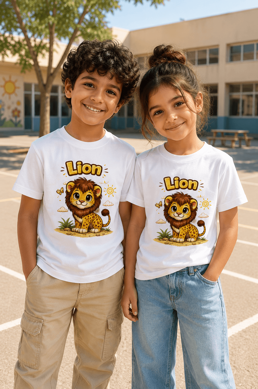 Lion kids tee — model wearing Cozi Mozi UAE