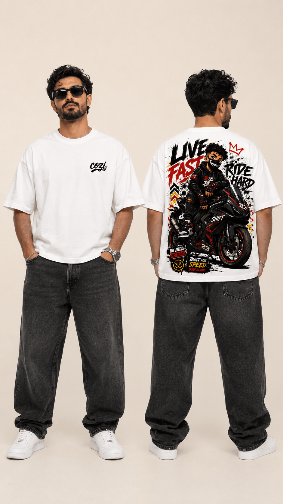 Live Fast biker streetwear tee — front print design, Cozi Mozi UAE