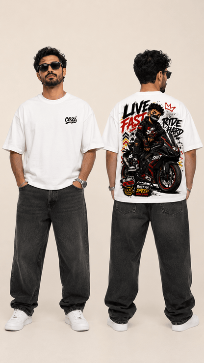 Live Fast biker streetwear tee — front print design, Cozi Mozi UAE