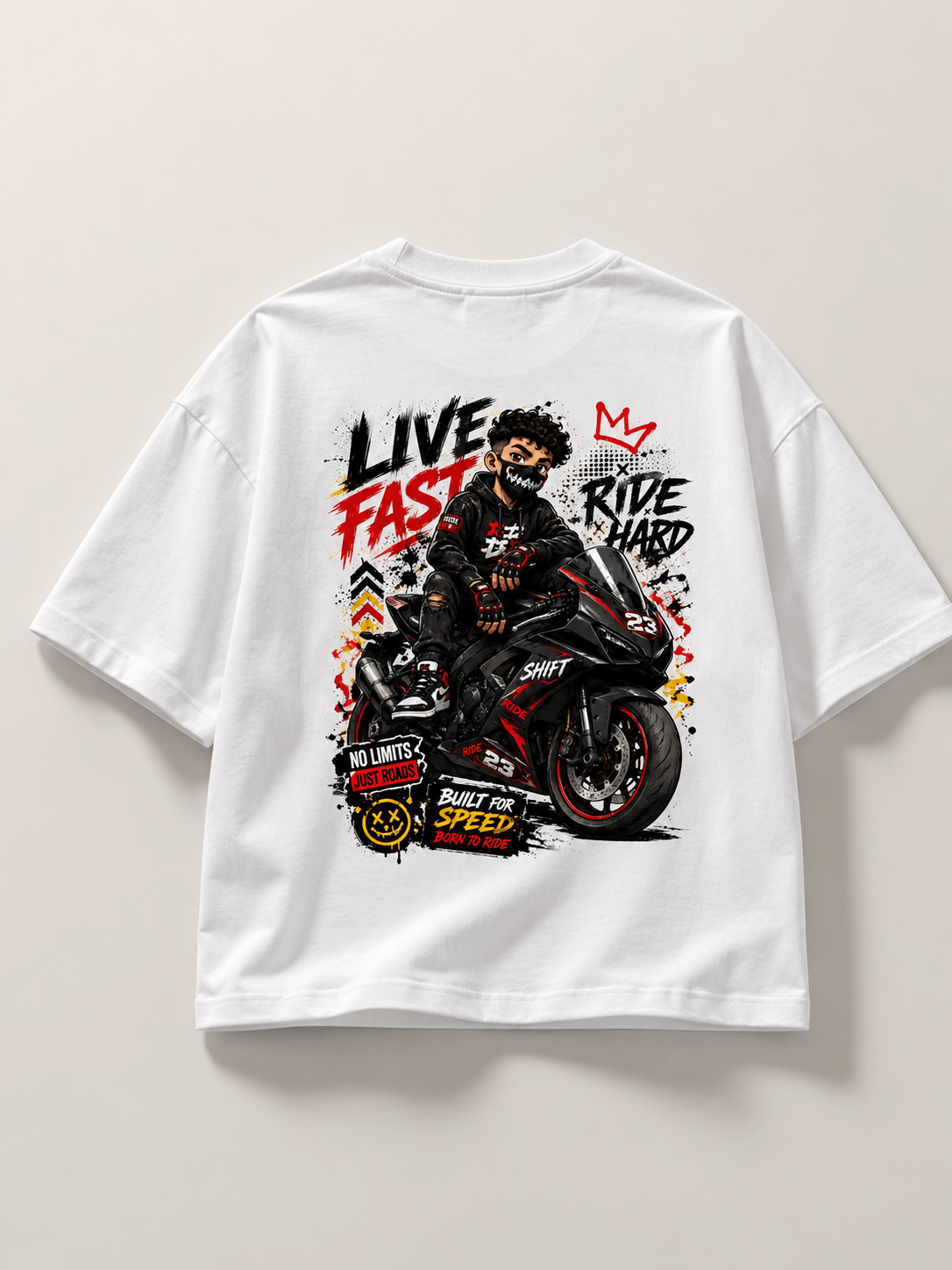 Live Fast biker streetwear tee — model wearing Cozi Mozi UAE
