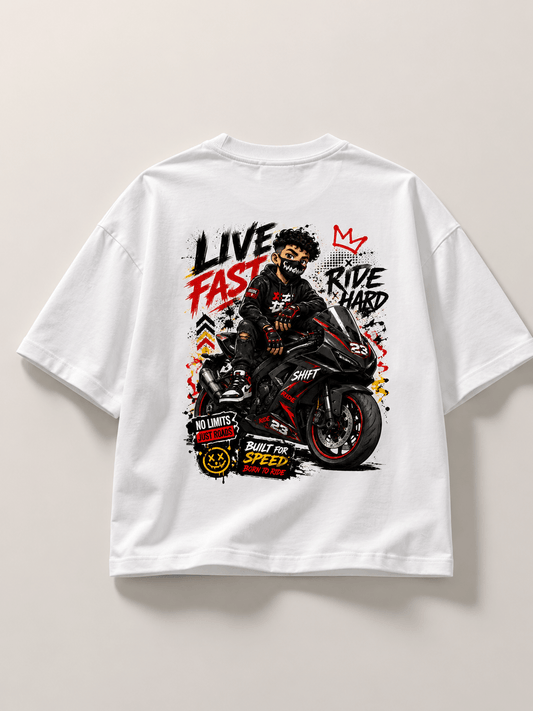 Live Fast biker streetwear tee — model wearing Cozi Mozi UAE