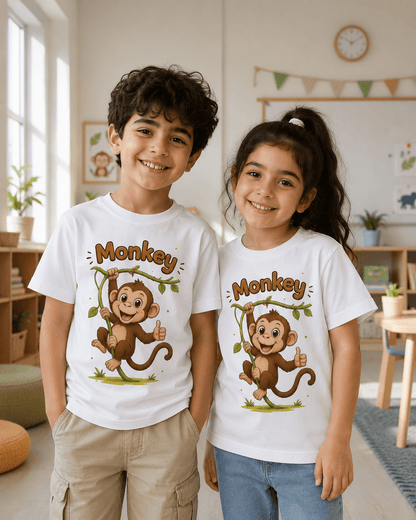 Monkey kids tee — model wearing Cozi Mozi UAE