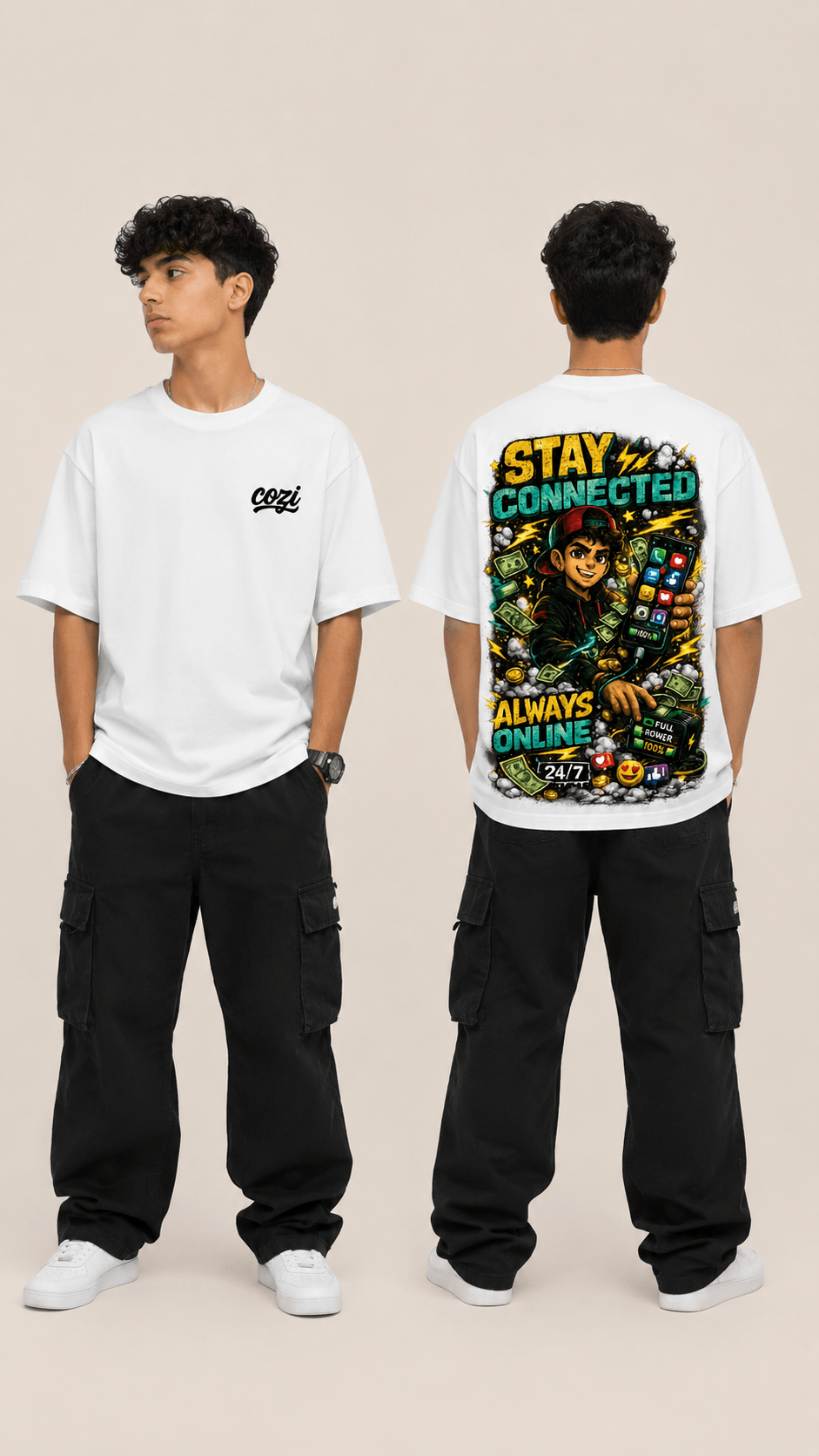 Always Online social streetwear tee — model wearing Cozi Mozi UAE