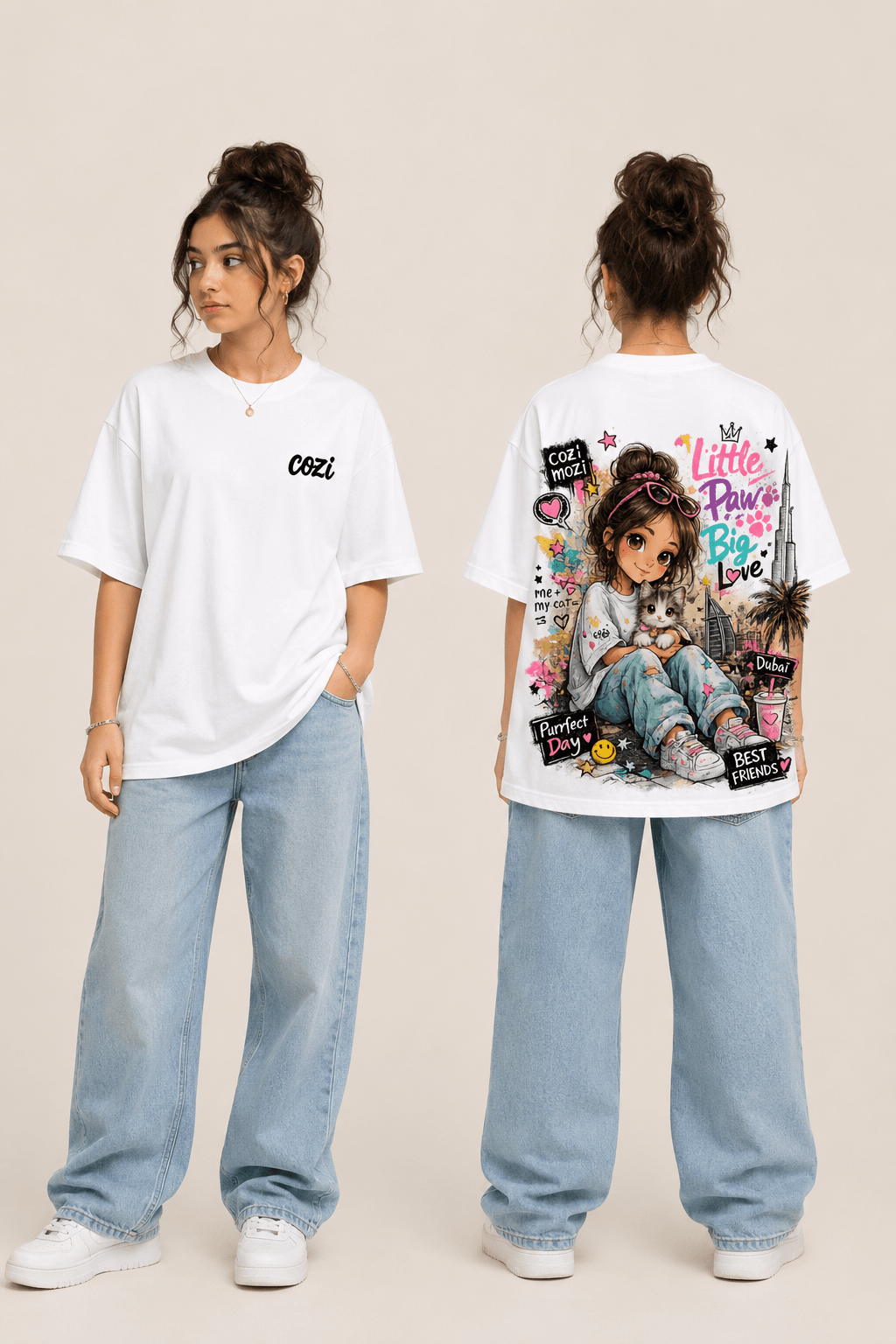 Little Paw Big Love graphic tee — model wearing Cozi Mozi UAE