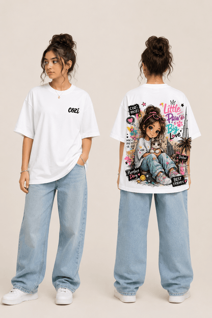 Little Paw Big Love graphic tee — model wearing Cozi Mozi UAE