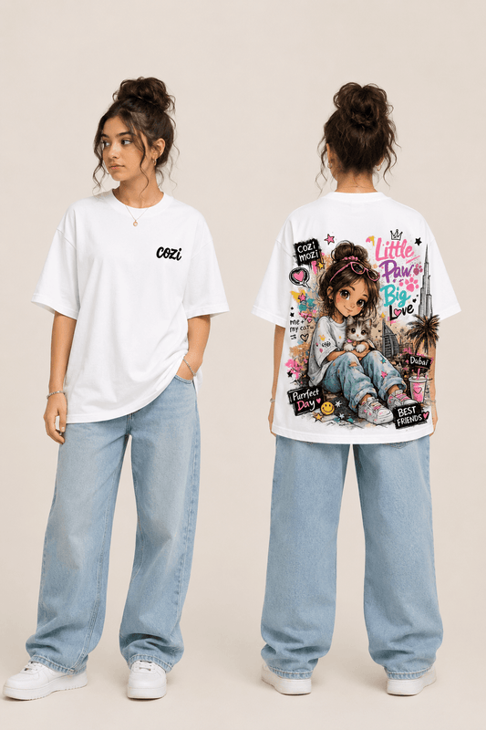 Little Paw Big Love graphic tee — model wearing Cozi Mozi UAE
