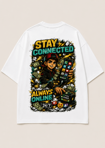 Always Online social streetwear tee — front print design, Cozi Mozi UAE