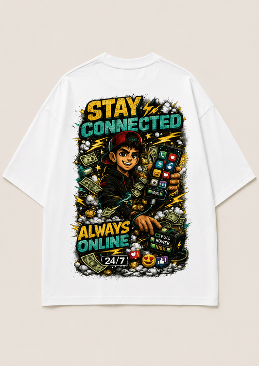Always Online social streetwear tee — front print design, Cozi Mozi UAE